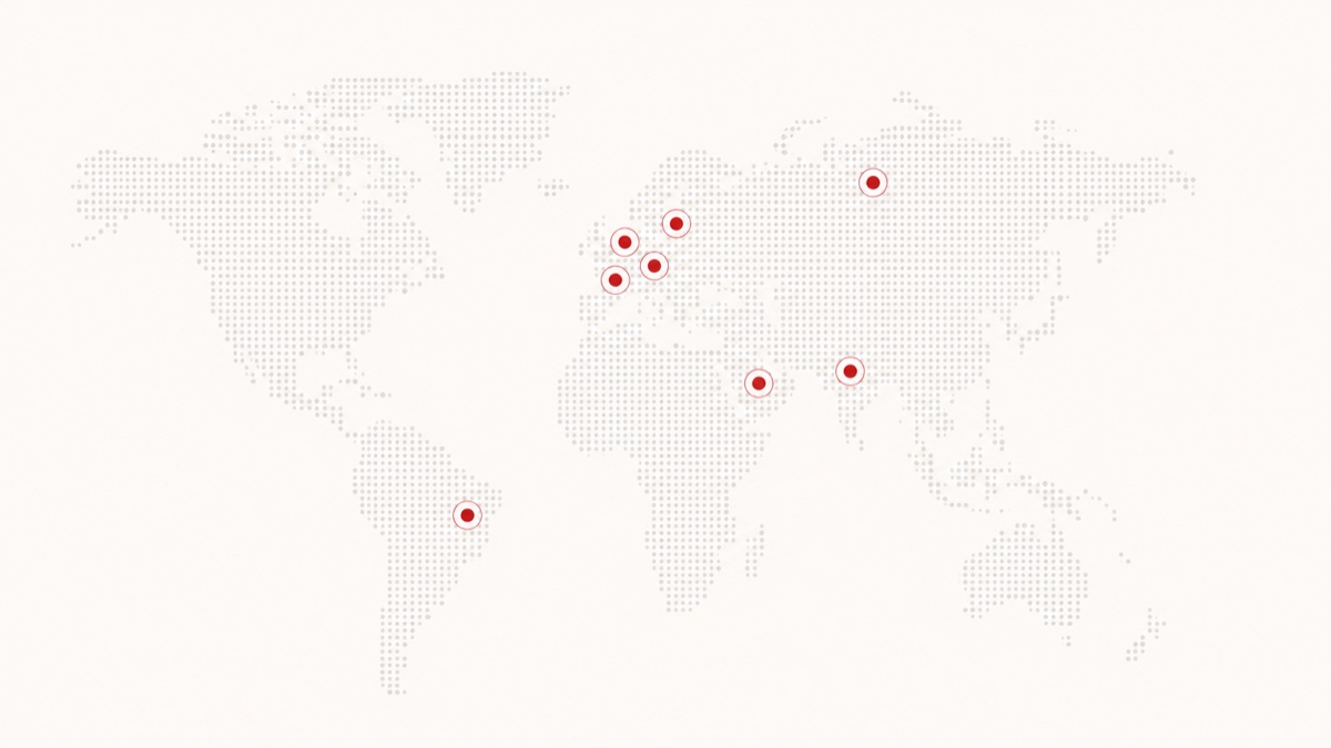World map marking the nine UNISTAB® reference markets across Europe, Russia, India, Oman and Brazil